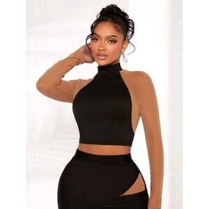 New Small Modest Illusion Top Mesh Colorblock Black Tan Halter Fashion Nova‎